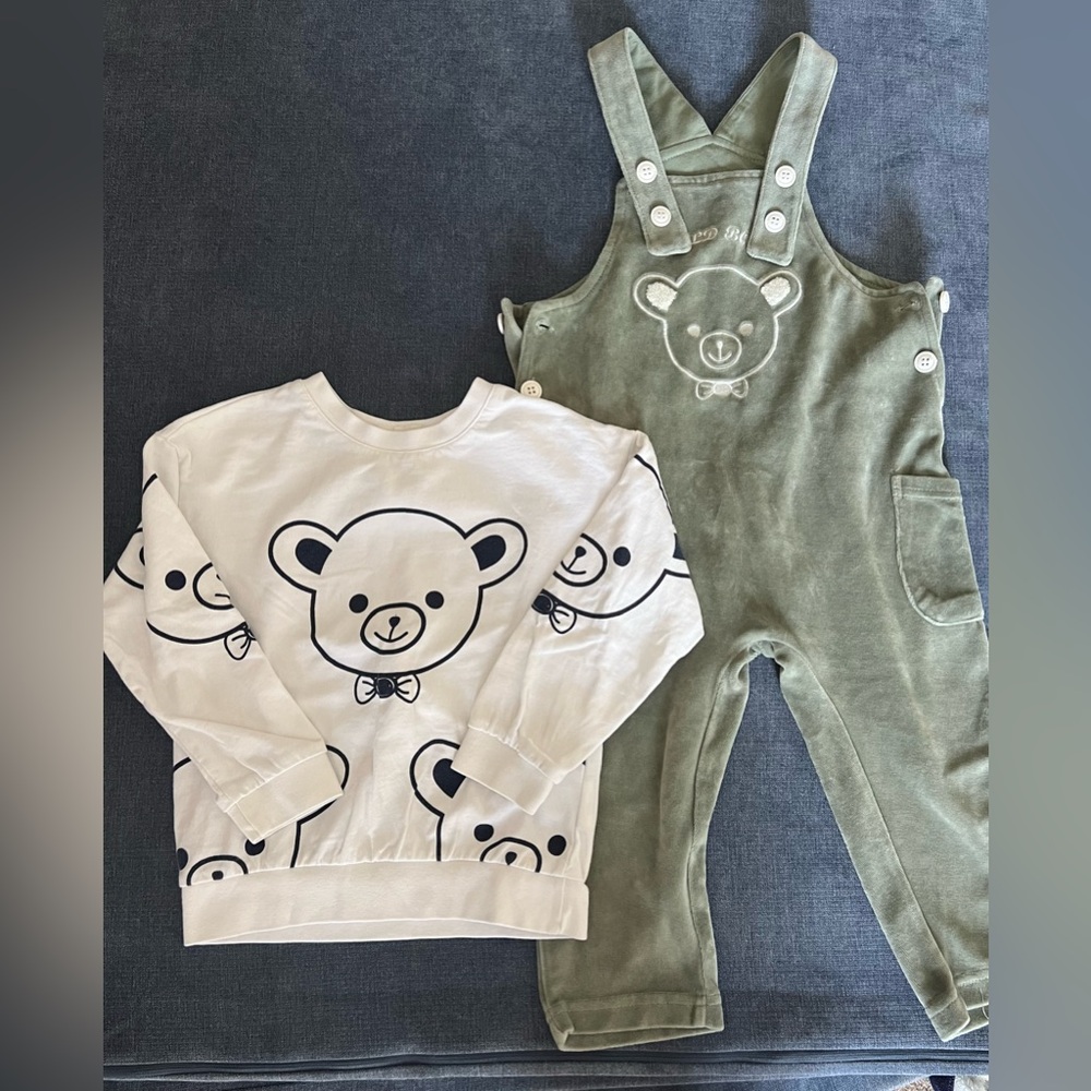 Kids Bear Print Sweatshirt and Olive Overalls Set
